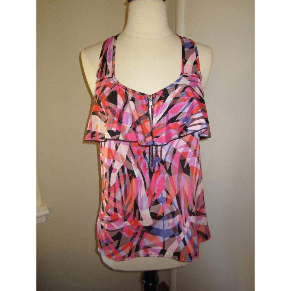 Lily White Pink Print Racerback Flounce Tank Top